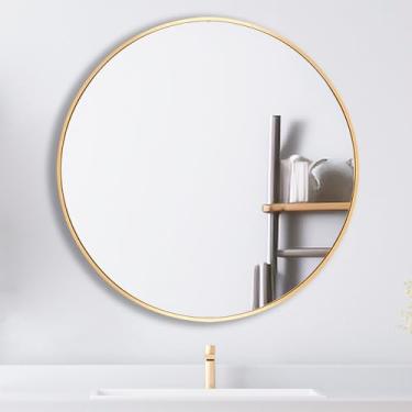 Imagem de FRUMENSHIP Espelho redondo dourado, espelho de parede redondo de 76 cm com moldura de metal, espelho circular dourado para banheiro, penteadeira, quarto, sala de estar, entrada