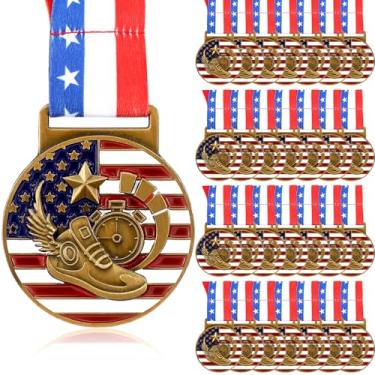Imagem de Loetere 30 medalhas patrióticas de corrida de ouro, troféu de atletismo em massa com fitas de pescoço, medalhão espiritual com listras de estrelas, bandeira americana para participação em troféus