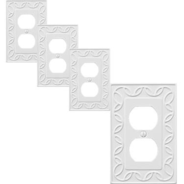 Imagem de OKAWYC Placa de cobertura de tomada dupla única, pacote com 4, placa de parede de metal branca NovaBloom 1 Gang, capa de interruptor de luz, para interruptor de luz de receptáculo, placa decorativa de