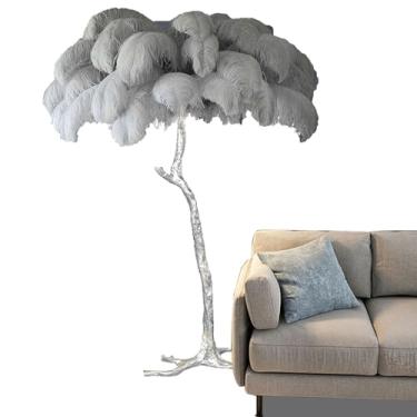 Imagem de Luminária de chão de luxo moderna, lâmpada de piso de pena de avestruz real, lâmpada de resina prateada, corpo de lâmpada decorativa de LED, lâmpadas de pé para sala de estar, escritório em casa