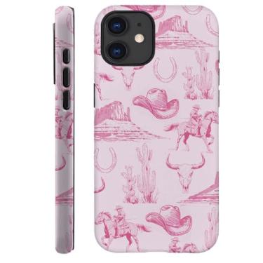Imagem de DAIZAG Capa compatível com iPhone 12, capa de telefone vintage rosa chapéu de cowboy cavalos cactos para iPhone 12 para meninas mulheres meninos homens