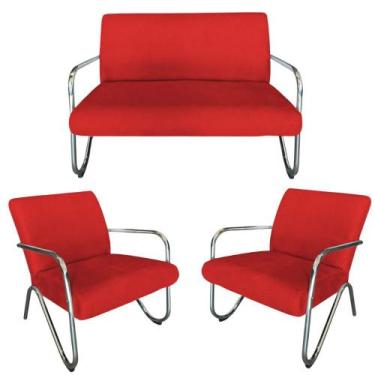Imagem de Kit Namoradeira + 2 Poltronas Decorativa Bela Suede Vermelho Braço Cro