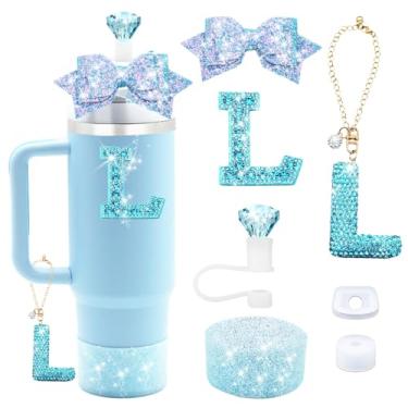 Imagem de Liangang Conjunto de acessórios de copo Stanley azul de 7 peças para copo Stanley 850 g 1,134 g, incluindo pingente de letra, tampa à prova de derramamento, canudo de diamante, canudo de laço, bota de