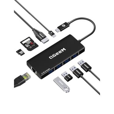 Imagem de QGeeM USB C Hub Ethernet, estação de ancoragem 9 em 1 com HDMI 4K, leitor de cartão, 100W PD, USB 3.0/2.0, Gigabit Ethernet, USB C Dock compatível com iPhone 15/Mac Book/Dell/HP/Surface/Steam Deck -