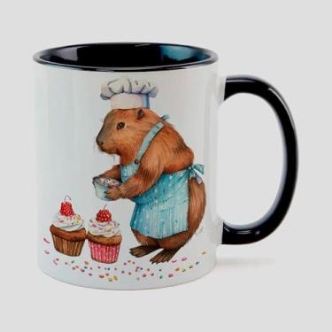 Imagem de Caneca Branca com Alça e Interna Preta de Porcelana 325ml CAPIVARA MAMAE BOLO 2