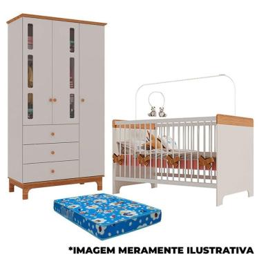 Imagem de Berço Mini Cama Pega Pega e Guarda Roupa Antonella 3 Portas Off White Caramelo com Colchão - Canaã