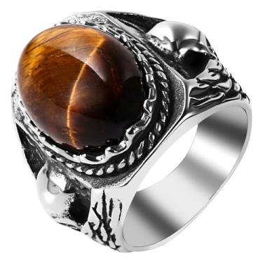 Imagem de Rofusn Anel de motociclista de caveira olho de tigre: anel vintage de aço inoxidável para joias punk presentes para homens e mulheres, Metal, Sem pedra preciosa