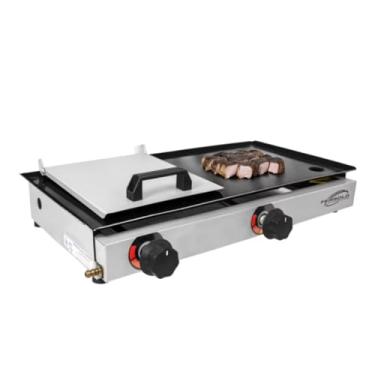 Imagem de Chapa para Hambúrguer Profissional com Prensa, 30x60cm, Aço Inox, 2 Queimadores em U, Sistema de Segurança