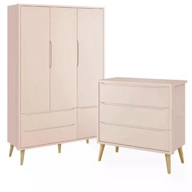 Imagem de Jogo de Quarto Infantil Theo Guarda Roupa 3 Portas e Cômoda 3 Gavetas com Pés Madeira Natural - Reller Móveis Rosa Fosco