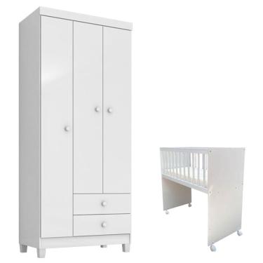 Imagem de Mini Berço Moisés Alegria com Colchão e Guarda Roupa 3 Portas Ternura Baby Branco Flex - Incorplac