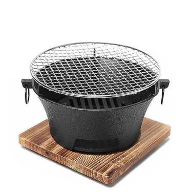 Imagem de YLFFFZZZ Fogão a carvão de ferro fundido, churrasqueira Hibachi, churrasqueira portátil, churrasqueira pequena de ferro fundido, ferramenta de churrasco de acampamento, para grelhar em ambientes