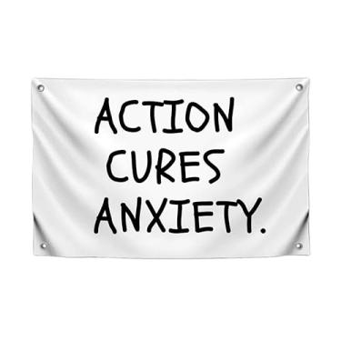 Imagem de Bandeira com citação de motivação de 9,5 x 1,5 m "Action Cures Anxiety" com quatro argolas de latão - Bandeira inspiradora legal para decoração de parede de casa - Faixa de ginástica de poliéster para