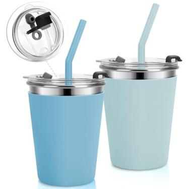 Imagem de Vermida Copos infantis de aço inoxidável com tampas e canudos à prova de vazamento, pacote com 2 copos à prova de derramamento de 340 g para crianças pequenas, copos inquebráveis com canudos para