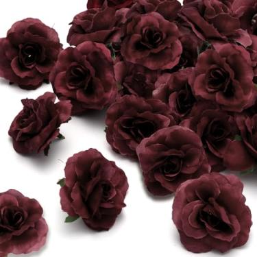Imagem de GrainBuds 100 peças de mini rosas bordô flores artificiais, 4,8 cm pequenas rosas falsas de seda para decoração, centro de mesa de casamento, decoração de casa, chá de panela, artesanato DIY (Borgonha