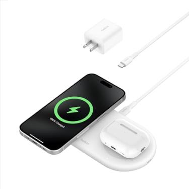 Imagem de Belkin Base de carregamento sem fio BoostCharge Pro 2 em 1 MagSafe com Qi2 15W + porta USB-C adicional, carregador rápido para iPhone 15, iPhone 14 e iPhone 13, AirPods e mais - Branco