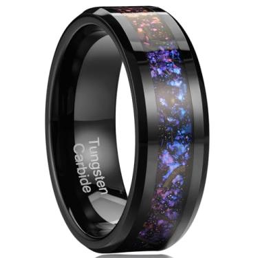 Imagem de Zillaly Anel de casamento masculino de carboneto de tungstênio preto/dourado de 8 mm, nebulosa, galáxia, compromisso, folha de ouro, incrustado, meteorito real, fosco, chanfrado, ajuste confortável