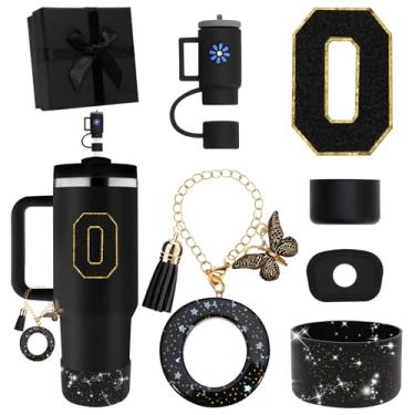 Imagem de Miglaja Acessórios pretos para copos Stanley 850.5 g 1,134.0 g, todos os acessórios caixa de presente contêm topo de palha de flor, bota de silicone, adesivos de letras e pingentes, conjunto de tampa