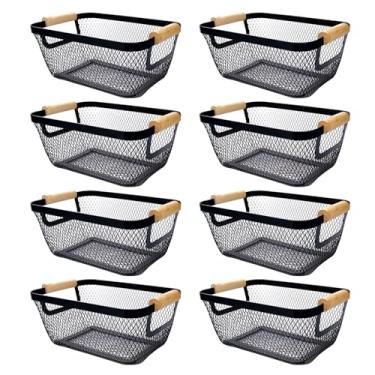 Imagem de TANEMUDO Peças Cesta De Arame Preta Com Alça Madeira, Cestas Malha Metal Para Despensa, Armazenamento, Organizador Lanches, Armário Cozinha, Banheiro, Geladeira, Frutas, Maquiagem, Escritório