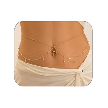 Imagem de Corrente sexy de praia para mulheres, contas de borla de camada dupla, corrente corporal de verão à prova d'água com corrente de umbigo com corrente de barriga ajustável de strass para biquíni para