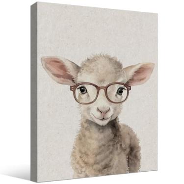 Imagem de Arte de parede de cordeiro fofo bebê imagens de retrato de animais de fazenda decoração de parede engraçado cordeiro ovelha vestindo óculos pôster esticado e emoldurado para quarto de crianças quarto