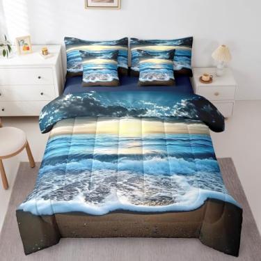Imagem de jejeloiu Jogo de cama Queen com edredom oceano, praia, pôr do sol, 7 peças, litoral, náutico, costeiro, respirável, estrela-do-mar, concha, praia, havaiano