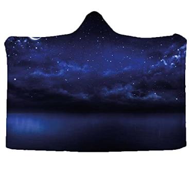 Imagem de Cobertor com capuz infantil céu noturno, desenho animado estrelado céu com lua lunar e estrelas nuvens, cobertor vestível para sofá, bebê, crianças, homens, mulheres, L 127 x C 101 cm, azul escuro e