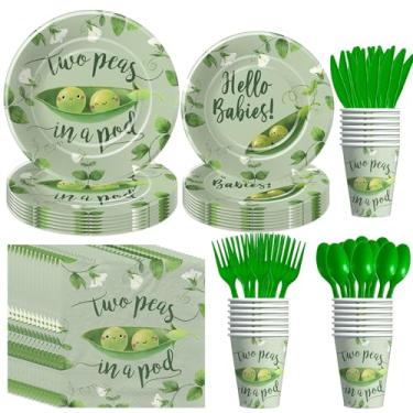 Imagem de FVABO Duas ervilhas em uma cápsula, decoração de chá de bebê, utensílios de mesa para gêmeos, prato de papel para gêmeos temáticos Greenery Peas, guardanapo, copo, talheres, suprimentos de festa