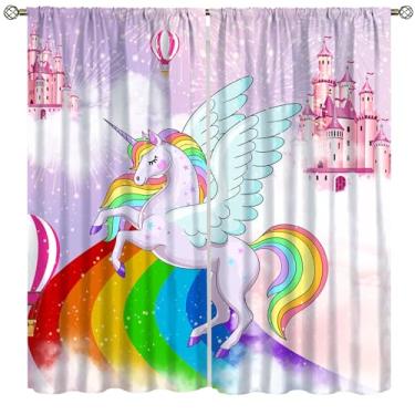 Imagem de AAVEUP Cortinas Dream Unicorn para quarto de meninas, nuvens coloridas, arco-íris, lindo castelo de princesa, estampa colorida de unicórnio, para crianças, berçário, quarto de bebê, sala de estar