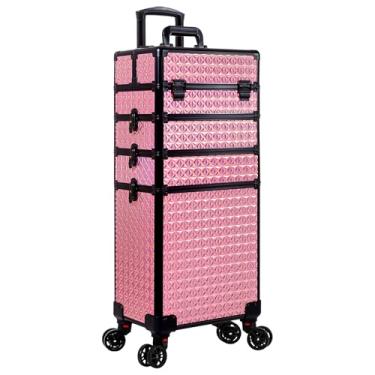 Imagem de AROUS Estojo de maquiagem 5 em 1 para cosmetologia com rodinhas grande organizador de cosméticos carrinho de viagem para cabeleireiro, artista, salão de beleza, barbeiro, rosa, Estojo de trem de