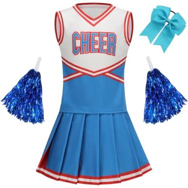 Imagem de GRAJTCIN Fantasia infantil de líder de torcida para meninas, uniforme de torcida, vestido chique de Halloween para 6 a 7 anos (130, azul claro)