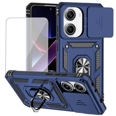 Imagem de Yodueiv Capa para Poco X7 Pro 5G com protetor de tela de vidro temperado e capa de câmera deslizante, anel magnético suporte suporte de carro capa protetora para Xiaomi Poco X7 Pro 5G azul