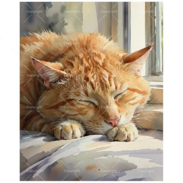Imagem de TAOPAOLAB Kit de pintura de gato dormindo por números para adultos - DIY laranja malhado por pintura de janela em tela 40 x 50 cm, conjunto de tinta acrílica, adequado para iniciantes, arte para