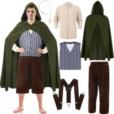 Imagem de Zoooyawn 6 peças fantasia adulta fantasia renascentista com capuz capa medieval capa medieval viking top camisa anéis colar calça colete para homens e mulheres fantasia de Halloween (G)