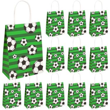 Imagem de CELSOL Sacos de presente de futebol para festas infantis – 12 peças de sacolas de presente de papel kraft duráveis com alças, decorações e lembrancinhas para aniversário com tema de futebol, lanches