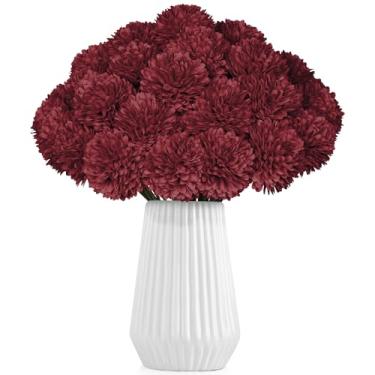 Imagem de LPREUTWN 36 peças flores artificiais bordô crisântemos vermelhas falsas mães bolas de seda flores para decoração de casa outono mesa de casamento centro de mesa arranjos florais de Natal (Borgonha)