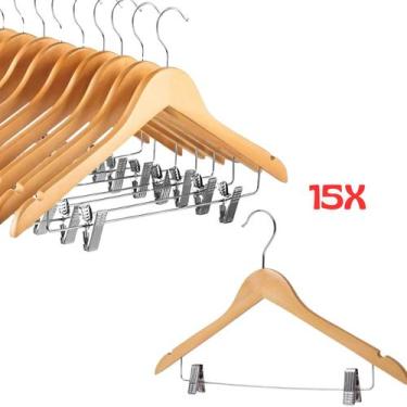Imagem de Kit 15 Cabides de Madeira com Presilhas Organização Guarda Roupa Vesti