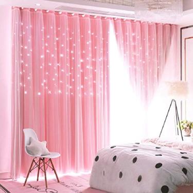 Imagem de UNISTAR Cortinas blackout e transparentes de 2 painéis para quarto de meninas e quarto de bebê, camada dupla com recorte de estrela para sala de estar, cortina de janela de sala de estar, L 86 x C 213 cm de comprimento, rosa