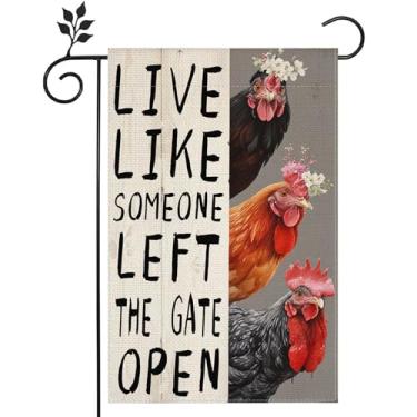 Imagem de Presentes engraçados 30,5 x 45,7 cm bandeira de jardim galinheiro ao redor viva como alguém deixou o portão aberto e mantenha o portão fechado casa fazenda galinheiro fazenda cozinha jardim decoração