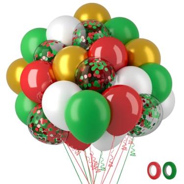 Imagem de Conjunto de balões de Natal com 62 peças, kit de balões de látex de confete vermelho, verde e branco, com fitas, kit de balões de festa de Natal para aniversários, casamentos, feriados, festas de