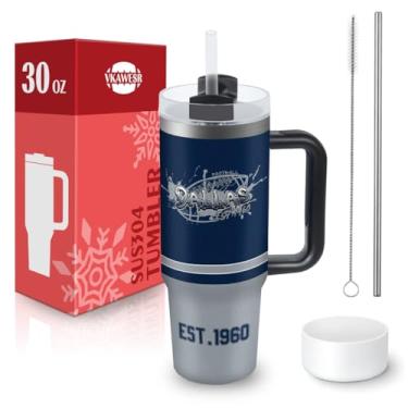 Imagem de Copo Dallas de 850 g com alça e canudo, copo de carro, caneca de café, copo isolado 100% à prova de vazamento com tampa e canudo, feito de aço inoxidável, base compatível com porta-copos, presentes da