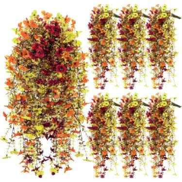 Imagem de FineCheer 6 peças de flores artificiais para pendurar no outono, plantas de seda, para decoração de outono, violeta sintética com eucalipto, realista, resistente a UV, trepadeira, dia de Ação de