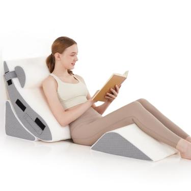 Imagem de Longering Conjunto de travesseiros ortopédicos para cama para dormir, 4 peças - Travesseiro triangular ajustável para suporte de pescoço e perna com capa lavável - Travesseiro de cunha de espuma 35D