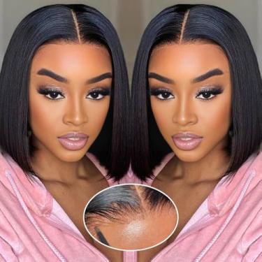 Imagem de GUDOZO Bob Peruca de cabelo humano 25,4 cm sem cola, cabelo humano pré-arrancado, pré-cortado, 9 x 6 HD, frente de renda, sem cola, cabelo humano 200% de densidade, curto, liso, bob, perucas para