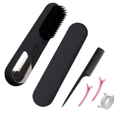 Imagem de Escova alisadora de cabelo sem fio, alisador de pente para mulheres, visor digital de temperatura de pente quente elétrico, escovas de viagem recarregáveis para cabelo, temperatura ajustável, sem