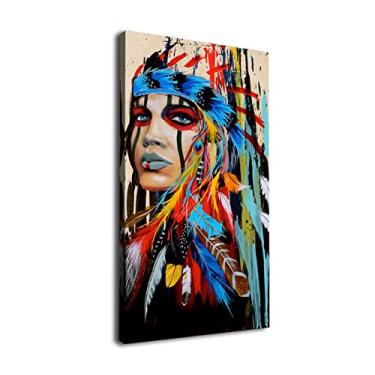 Imagem de Arte de parede em tela da Yearainn arte indiana nativa americana grande arte de tela moderna menina com penas coloridas contemporânea imagem de tela quarto sala de estar corredor casa escritório cozinha decoração de parede, Indian Beauty, 20" x 40" 1P