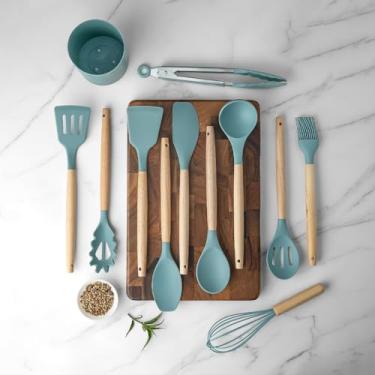 Imagem de STANFORD Conjunto de utensílios de cozinha de silicone Aqua 12 peças com suporte - utensílios de cozinha com cabo de madeira, espátula resistente ao calor, colher, espátula para cozinhar, assar