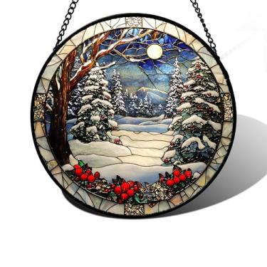 Imagem de DASTOLL Pendurado em vitrais, cenário de neve de inverno, apanhadores de sol, painel de vidro, árvore, montanhas, apanhador de sol, decoração para aniversário para mulheres, homens, esposa, tia e mãe