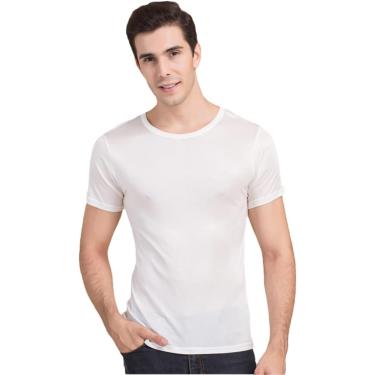 Imagem de Camiseta Masculina 100% Real Seda Casual Camiseta De Manga Curta Gola Redonda, White, XXL