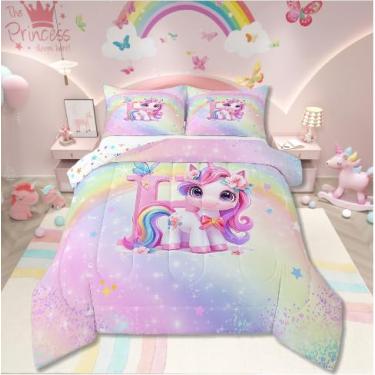 Imagem de Jogo de cama completo de unicórnio, arco-íris, unicórnio, com 2 fronhas, macio para decoração de quarto de meninos e meninas, edredom com glitter gradiente com monograma do alfabeto H (roxo rosa)