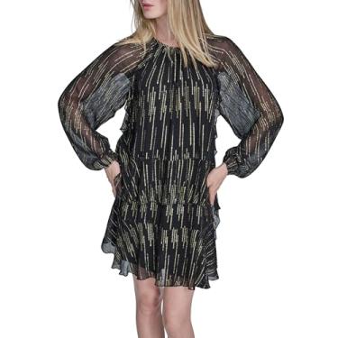 Imagem de BCBG Minivestido feminino manga balão gola alta comprimento até o joelho, Preto, 46